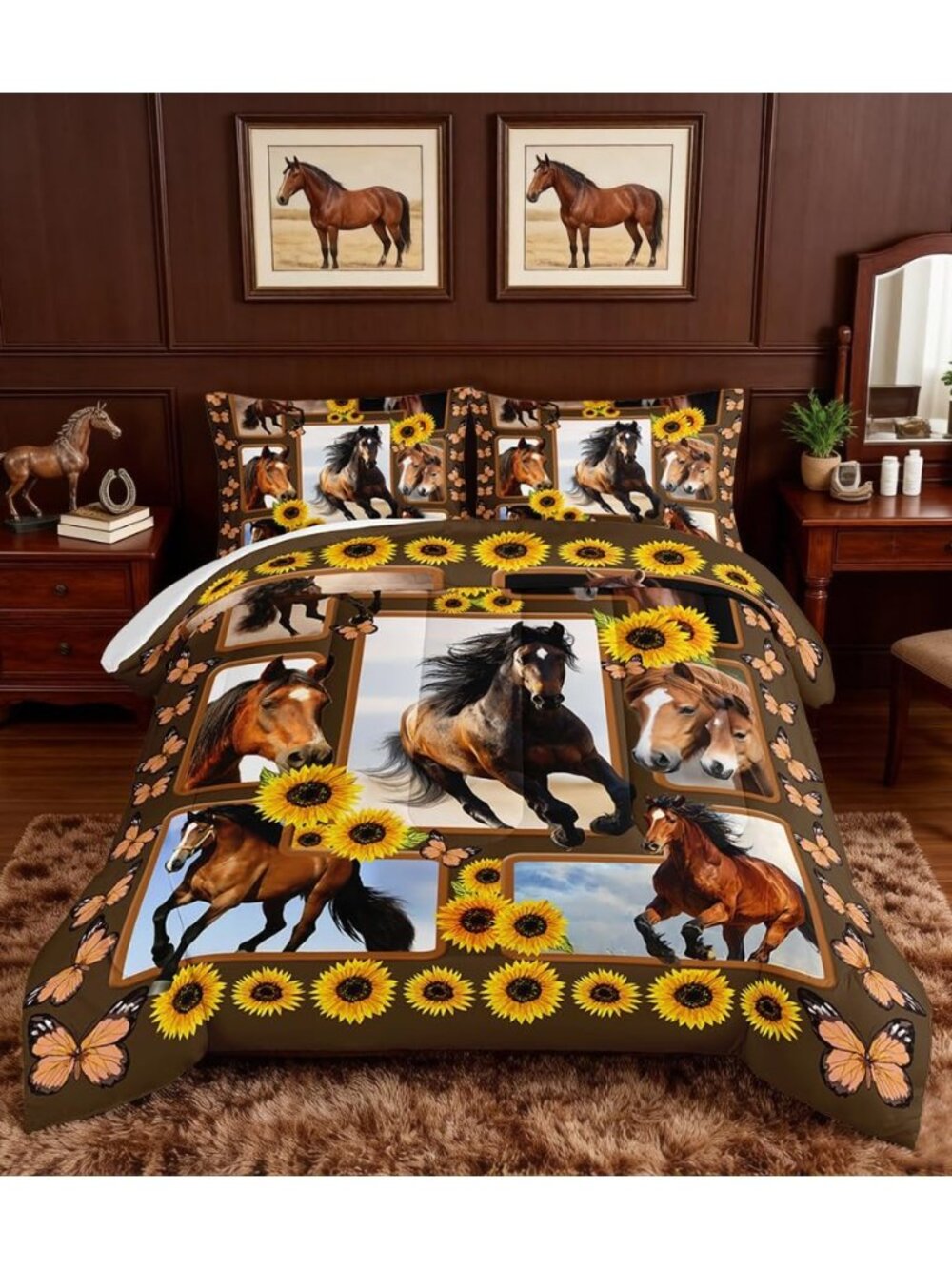 Horse Queen Comforter,Sunflower Western Bedding with 2 Pillowcases.